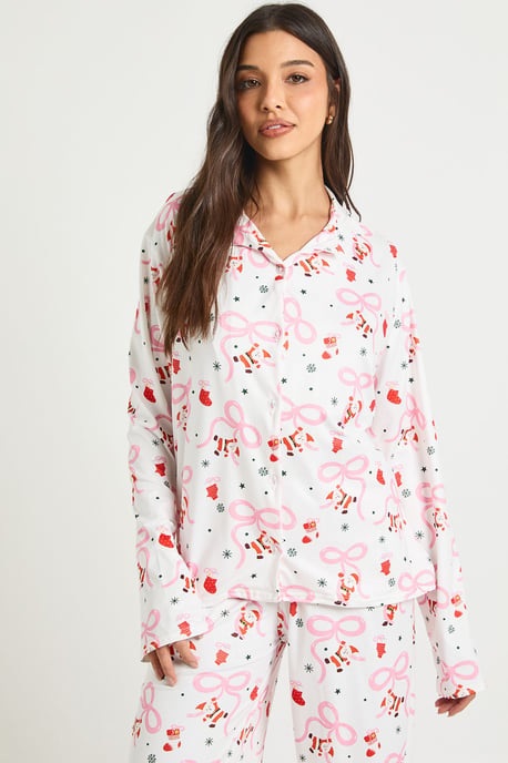 Santa Bow Print Long Sleeve Top & Trousers Pyjama Set - Image 3