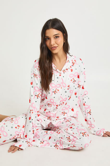 Santa Bow Print Long Sleeve Top & Trousers Pyjama Set - Image 4