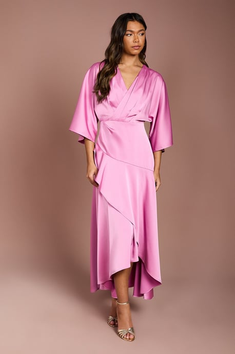 Satin Back Crepe Ruffle Wrap Midi Dress - Image 1