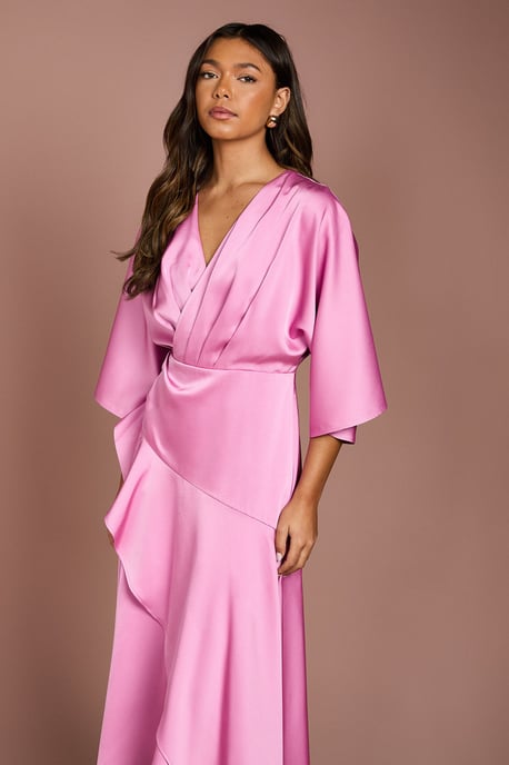 Satin Back Crepe Ruffle Wrap Midi Dress - Image 2