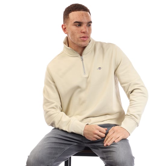 Men's Gant Shield Half-Zip Sweatshirt in Beige - Image 4