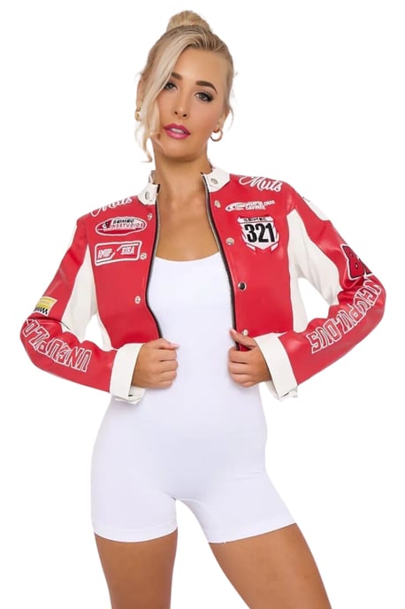 PU Leather Racer Patch Details cropped Jacket - Image 2