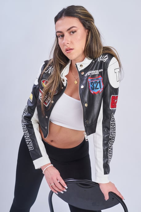 PU Leather Racer Patch Details cropped Jacket - Image 3