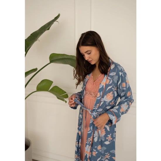 By Louise Dames kimono ochtendjas bamboe viscose blauw/oranje gebloemd - Image 2
