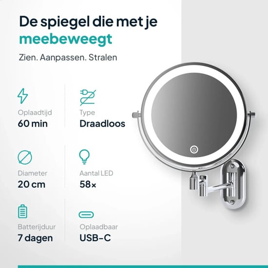 Mirlux Make-up spiegel oplaadbaar chroom 1-10x vergroting - Image 3