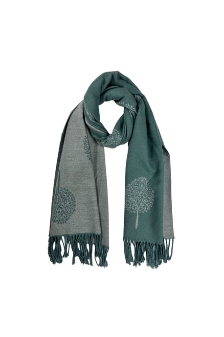Tree Print Cashmere Blend Scarf With Tassels in Green - Image 2