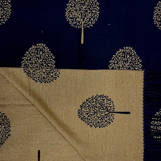 Tree Print Cashmere Blend Scarf With Tassels in Black - Image 3