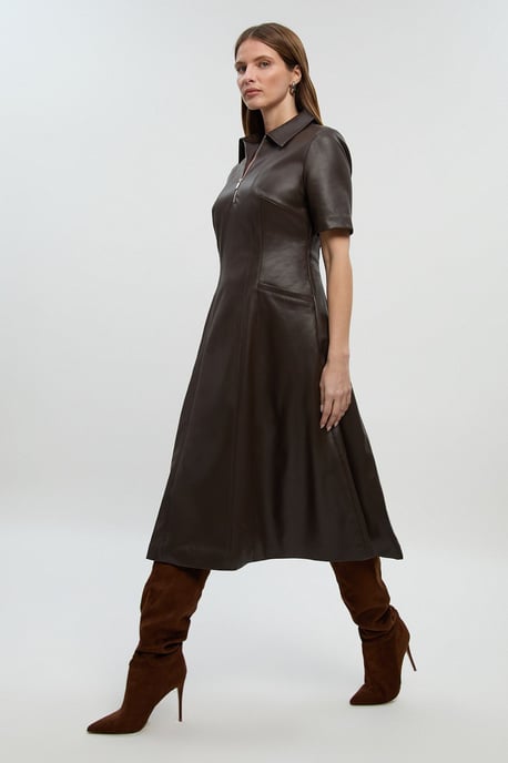 Faux Leather Collared Midi Shirt Dress - Image 1