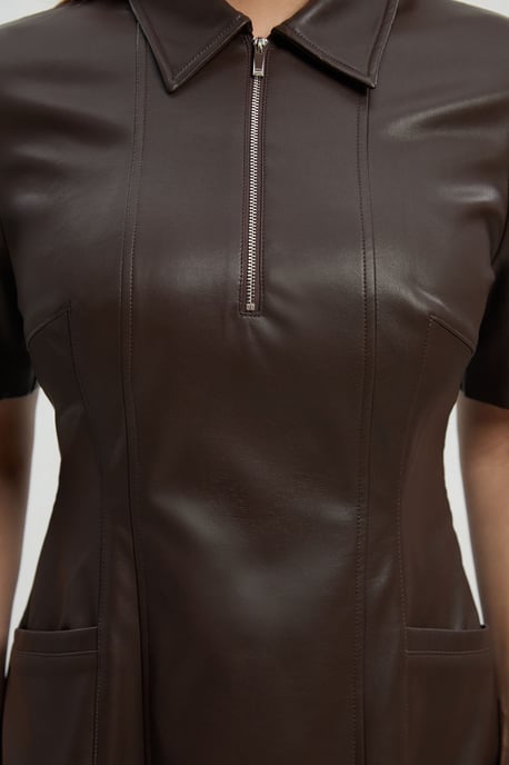 Faux Leather Collared Midi Shirt Dress - Image 3