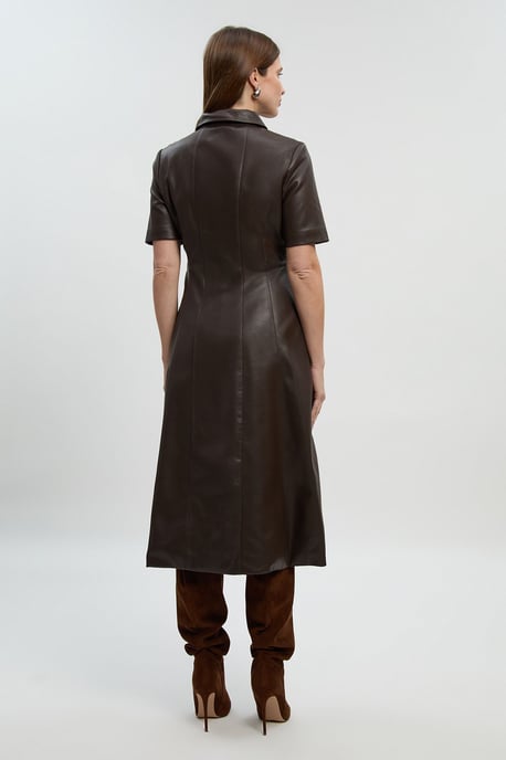 Faux Leather Collared Midi Shirt Dress - Image 5