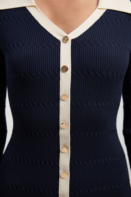 Viscose Rib Stitch Detail Contrast Colour Button Knit Midi Dress - Image 3