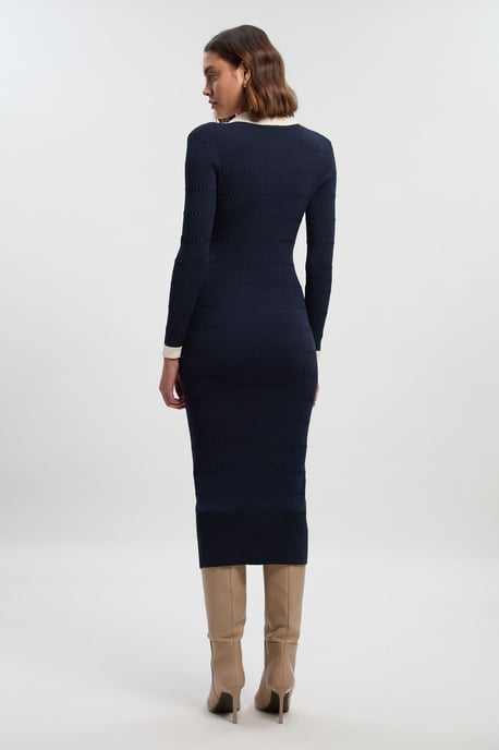 Viscose Rib Stitch Detail Contrast Colour Button Knit Midi Dress - Image 4