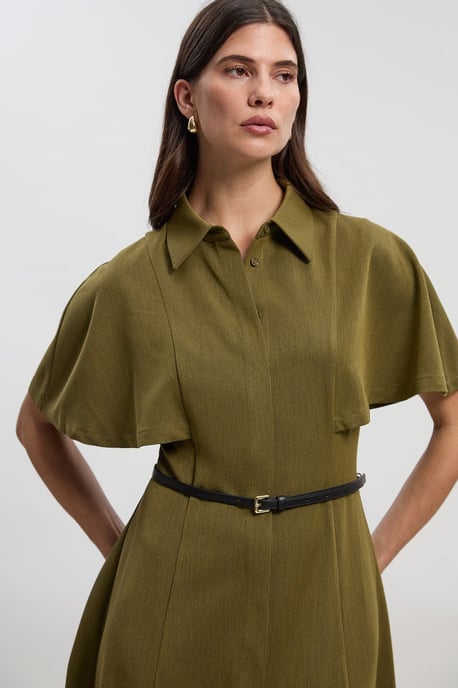 Twill Cape Sleeved Belted Shirt Woven Midi Dress - Image 2