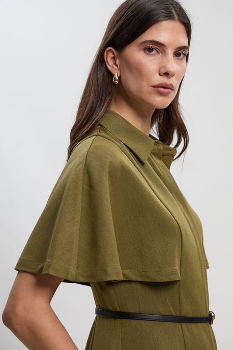 Twill Cape Sleeved Belted Shirt Woven Midi Dress - Image 3