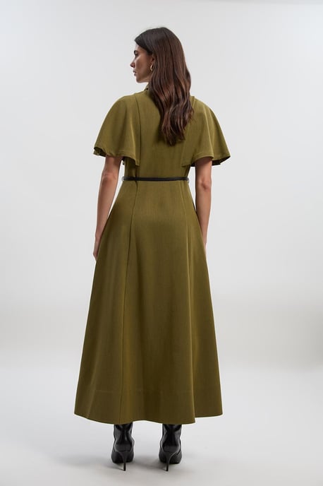 Twill Cape Sleeved Belted Shirt Woven Midi Dress - Image 5