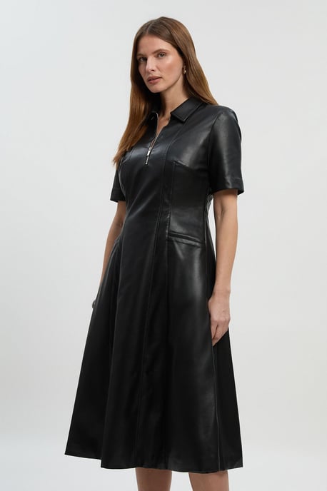 Faux Leather Collared Midi Shirt Dress - Image 1