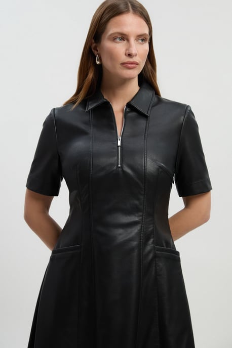 Faux Leather Collared Midi Shirt Dress - Image 2