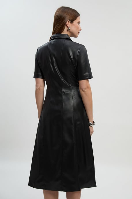 Faux Leather Collared Midi Shirt Dress - Image 5
