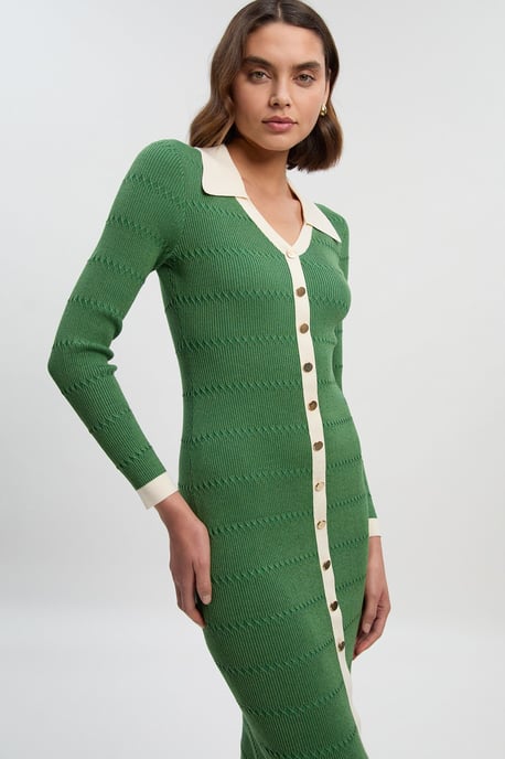 Viscose Rib Stitch Detail Contrast Colour Button Knit Midi Dress - Image 2