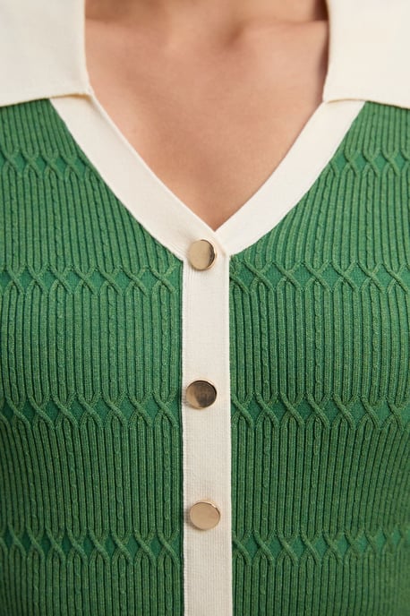 Viscose Rib Stitch Detail Contrast Colour Button Knit Midi Dress - Image 3