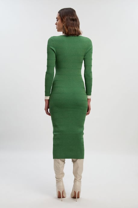 Viscose Rib Stitch Detail Contrast Colour Button Knit Midi Dress - Image 4