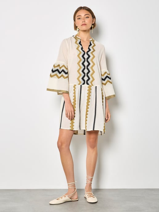 Apricot Embroidered Chevron Stripe Lightweight Mini Dress - Image 1