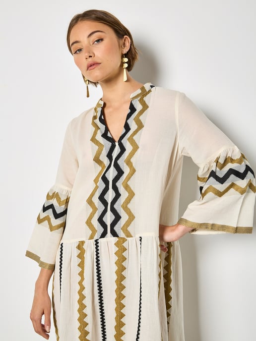 Apricot Embroidered Chevron Stripe Lightweight Mini Dress - Image 2