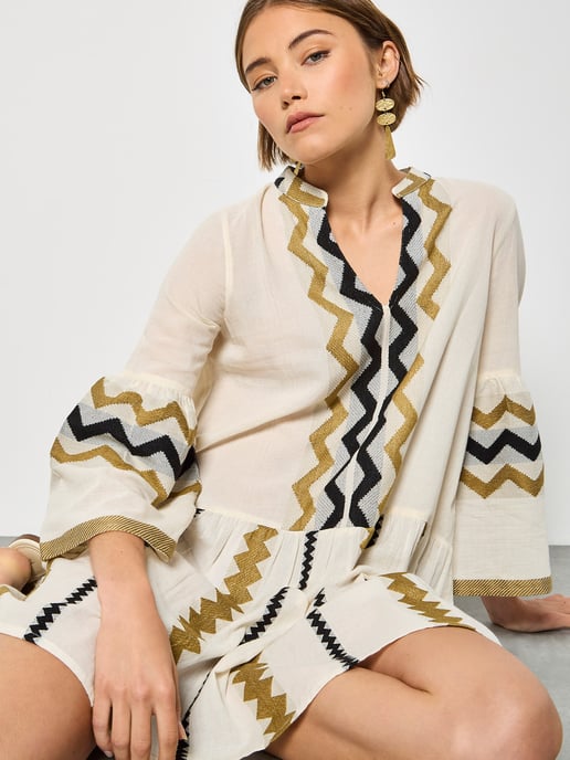 Apricot Embroidered Chevron Stripe Lightweight Mini Dress - Image 3