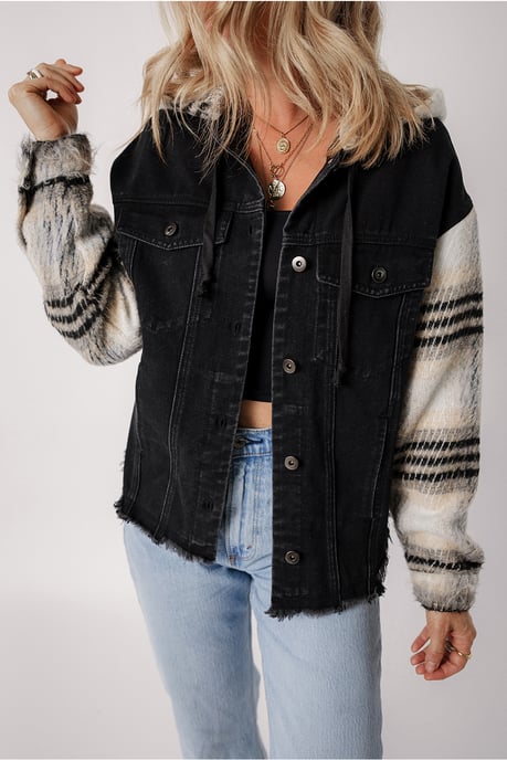 Hoodie i jeans med rutiga ärmar - Image 5