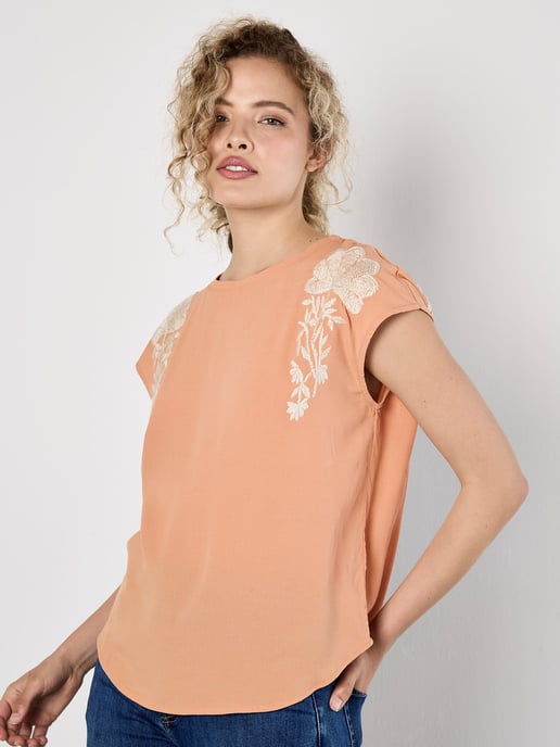 Apricot Floral Embroidered Crepe Top - Image 1