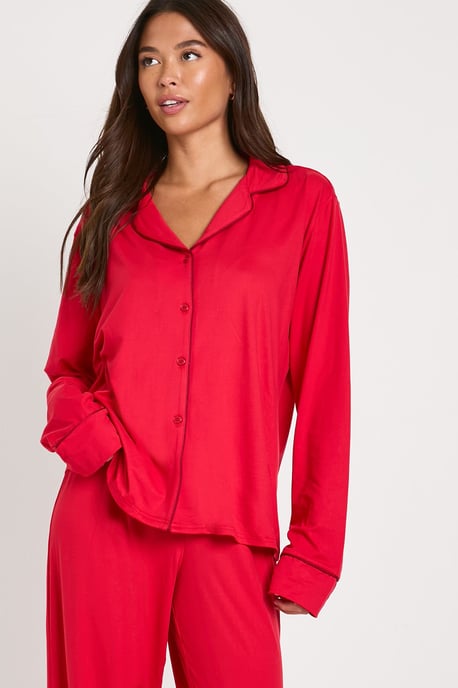 Tall Jersey Piping Detail Long Sleeve Shirt & Trouser Pyjama Set - Image 3
