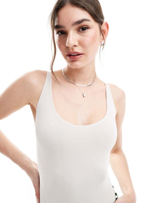 ASOS DESIGN seamless wide scoop minimal bodysuit in stone - Image 1