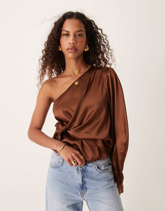 ASOS DESIGN one shoulder satin wrap bodysuit in chocolate brown - Image 1