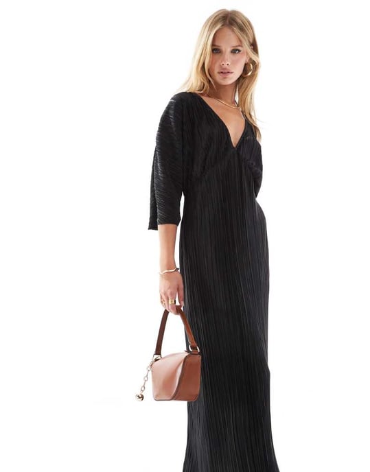 ASOS DESIGN plisse v-neck midi dress with batwing sleeve in black - Image 4