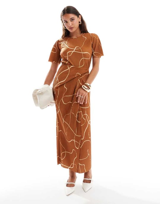 ASOS DESIGN short sleeve plisse twist skirt midi dress in burgundy swirl print - Image 1