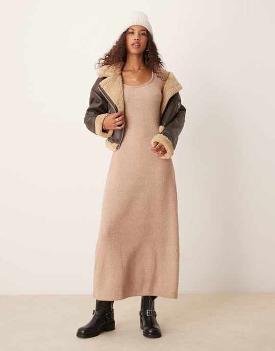 ASOS DESIGN supersoft fluffy scoop neck fit and flare midi dress in oatmeal - Image 2
