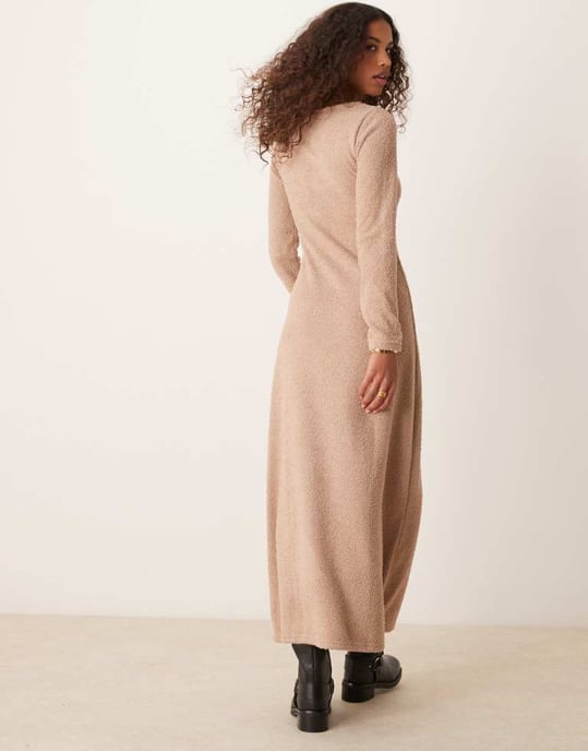 ASOS DESIGN supersoft fluffy scoop neck fit and flare midi dress in oatmeal - Image 4