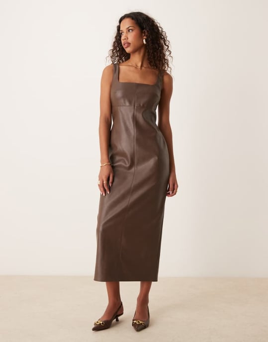 ASOS DESIGN leather look square scoop neck midi dress with seaming detail in chocolate - Image 1