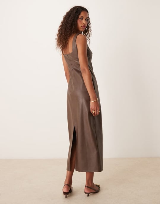 ASOS DESIGN leather look square scoop neck midi dress with seaming detail in chocolate - Image 2