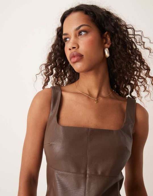 ASOS DESIGN leather look square scoop neck midi dress with seaming detail in chocolate - Image 3