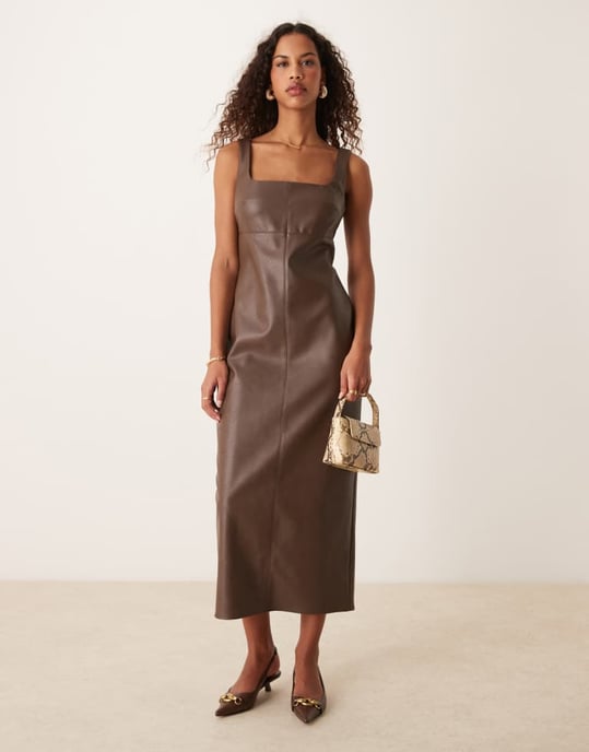 ASOS DESIGN leather look square scoop neck midi dress with seaming detail in chocolate - Image 4