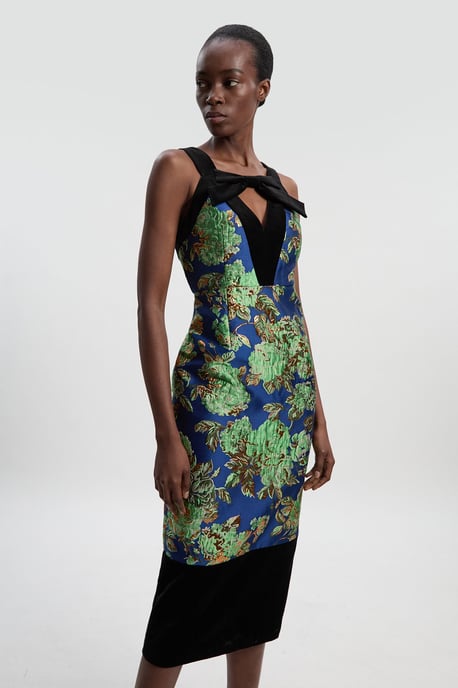 Velvet And Jacquard Contrast Strappy Tailored Midi Dress - Image 2