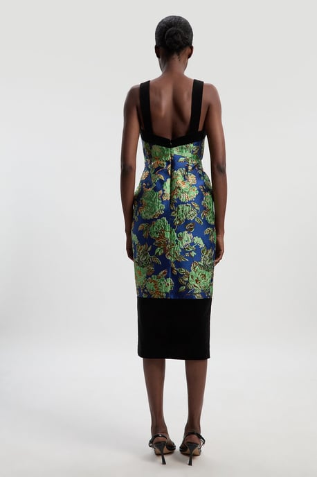 Velvet And Jacquard Contrast Strappy Tailored Midi Dress - Image 5
