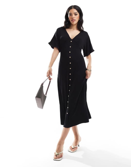 ASOS DESIGN roll sleeve button front midi tea dress in black - Image 4
