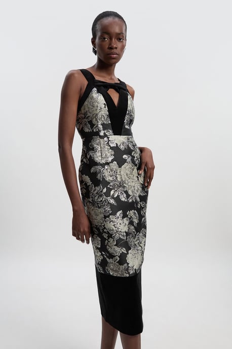 Velvet And Jacquard Contrast Strappy Tailored Midi Dress - Image 1