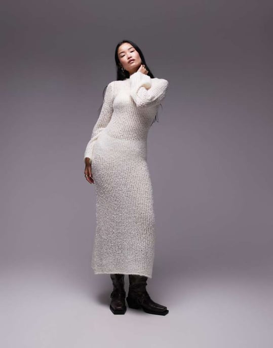 Topshop knitted open boucle maxi dress in ivory - Image 1