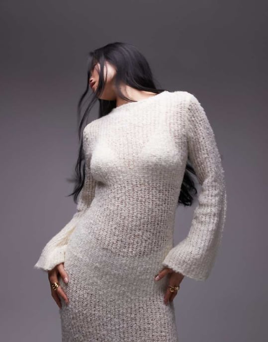 Topshop knitted open boucle maxi dress in ivory - Image 2