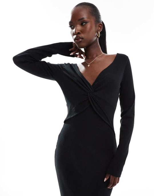 ASOS DESIGN twist front rib maxi dress in black - Image 2