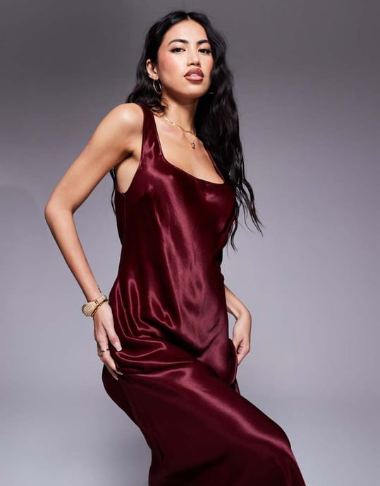 ASOS DESIGN satin scoop neck satin maxi dress in burgundy - Image 2