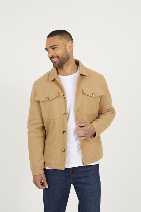 Camel Faux Wool Button Through Padded Shacket - Image 1